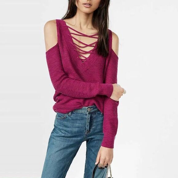 EXPRESS Burgundy Lace Up Cold Shoulder Sweater‎ Top Reversible Size Small New - Picture 1 of 12